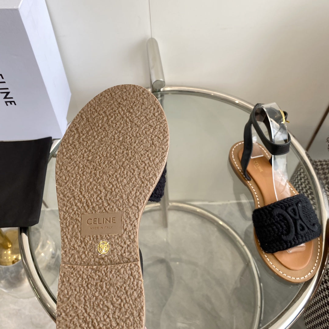 LYMPIA SANDAL IN BLACK TRIOMPHE MACCRAMÃ‰ COTTON AND CALFSKIN
