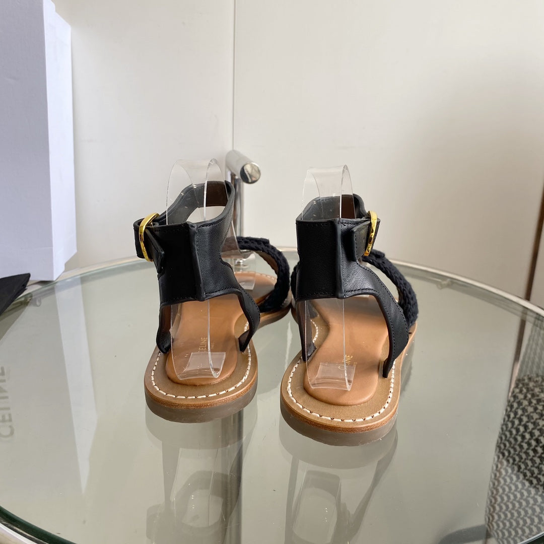 LYMPIA SANDAL IN BLACK TRIOMPHE MACCRAMÃ‰ COTTON AND CALFSKIN