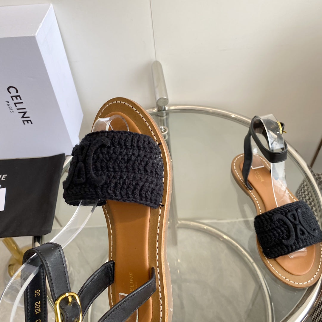 LYMPIA SANDAL IN BLACK TRIOMPHE MACCRAMÃ‰ COTTON AND CALFSKIN