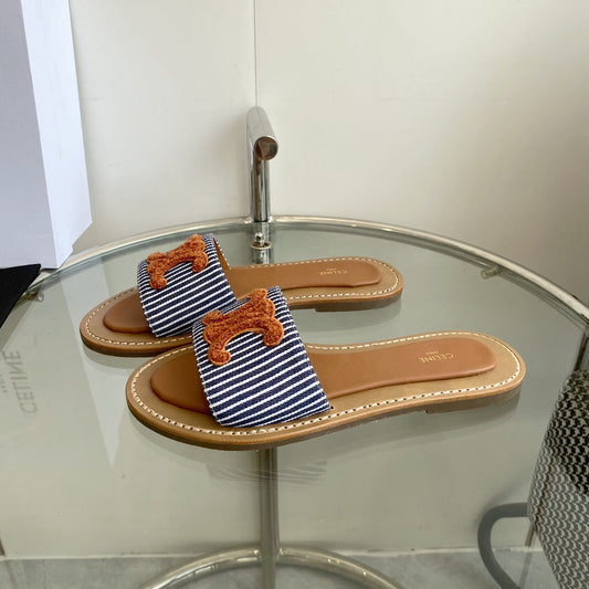 CELINE 25 Slippers Blue Stripe Orange Denim 285981