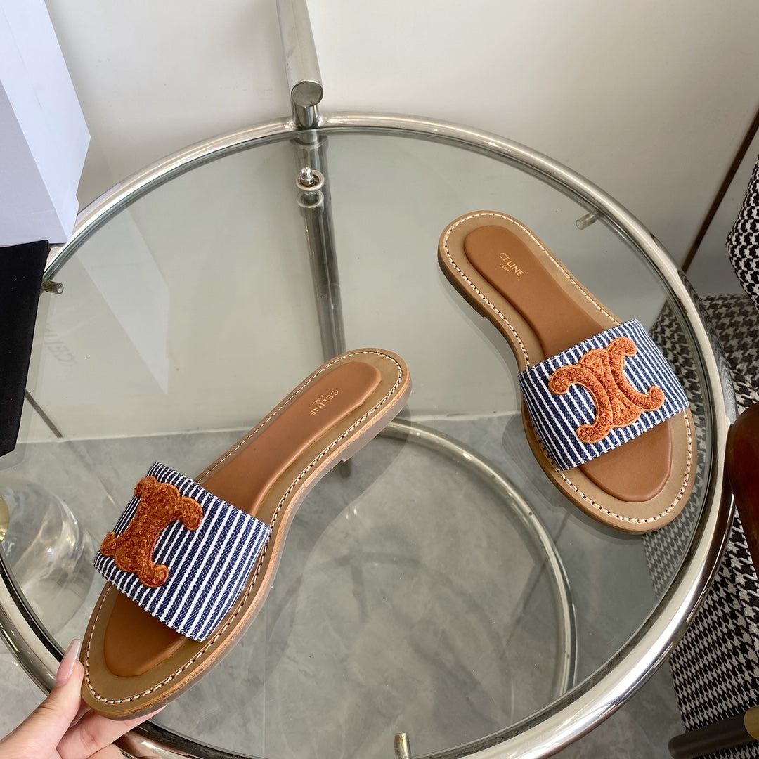 CELINE 25 Slippers Blue Stripe Orange Denim 285981