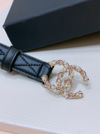 CHANEL BELT 20MM IN BLACK EMBROIDERED CALFSKIN GOLD HARDWARE ATTACH PEARLS