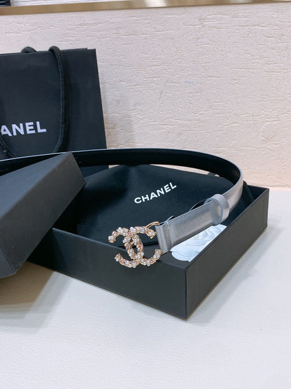 CHANEL BELT 20MM IN SILVER GREY CALFSKIN GOLD HARDWARE ATTACH PEARLS
