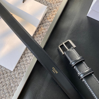 CELINE BELT 25MM IN BLACK REVERSIBLE ITALIAN CALFSKIN WITH VINTAGE SILVER BUCKLE WHITE STITCHING