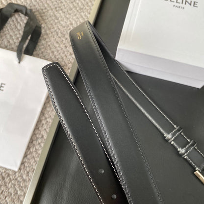 CELINE BELT 25MM IN BLACK REVERSIBLE ITALIAN CALFSKIN WITH VINTAGE SILVER BUCKLE WHITE STITCHING