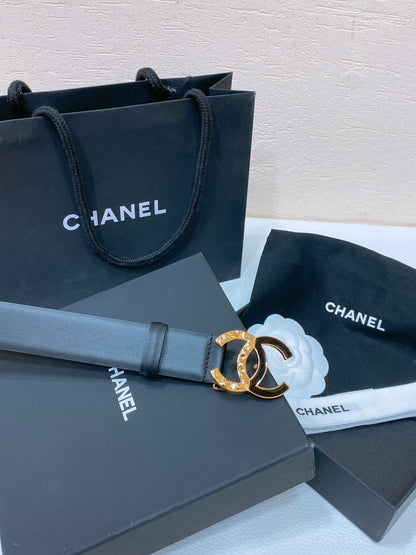 CHANEL BELT 30MM IN BLACK SMOOTH CALFSKIN GOLD MIX BLACK METAL LOGO