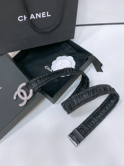 CHANEL ELASTIC BELT 30MM IN BLACK CALFSKIN SILVER HARDWARE WITH RHINSTONES