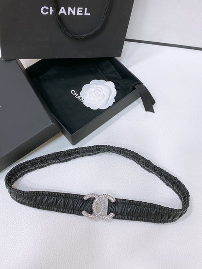 CHANEL ELASTIC BELT 30MM IN BLACK CALFSKIN SILVER HARDWARE WITH RHINSTONES