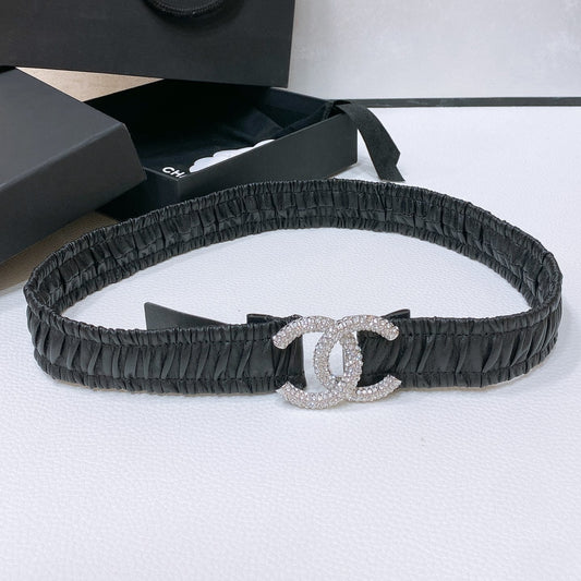 CHANEL ELASTIC BELT 30MM IN BLACK CALFSKIN SILVER HARDWARE WITH RHINSTONES