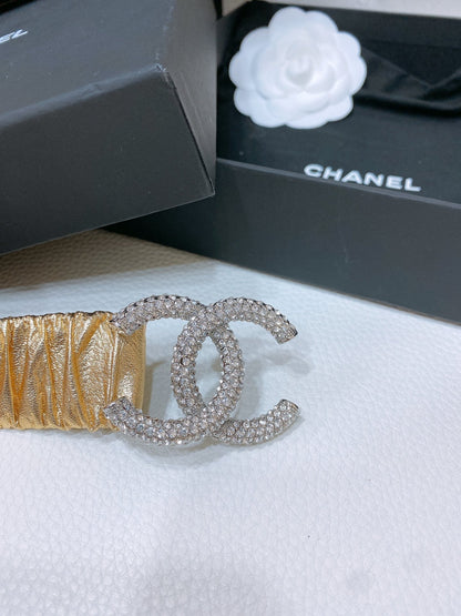 CHANEL ELASTIC BELT 30MM IN GOLD CALFSKIN SILVER HARDWARE WITH RHINSTONES