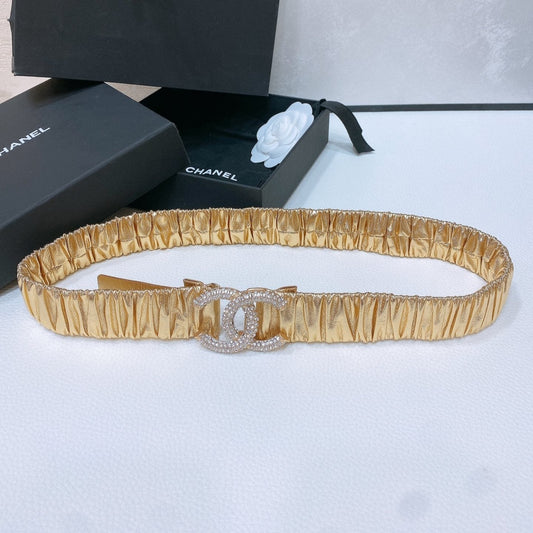 CHANEL ELASTIC BELT 30MM IN GOLD CALFSKIN GOLD HARDWARE WITH RHINSTONES