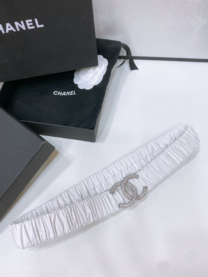 CHANEL ELASTIC BELT 30MM IN WHITE CALFSKIN SILVER HARDWARE WITH RHINSTONES
