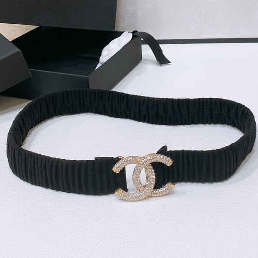 CHANEL ELASTIC BELT 30MM IN BLACK WOOL FABRIC GOLD HARDWARE WITH RHINSTONES