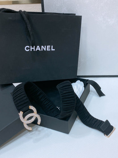 CHANEL ELASTIC BELT 30MM IN BLACK WOOL FABRIC GOLD HARDWARE WITH RHINSTONES