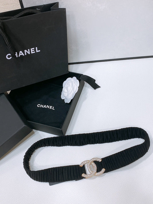 CHANEL ELASTIC BELT 30MM IN BLACK WOOL FABRIC GOLD HARDWARE WITH RHINSTONES