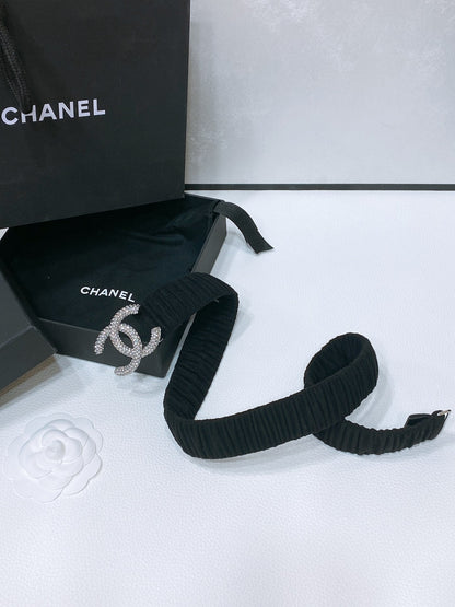 CHANEL ELASTIC BELT 30MM IN BLACK WOOL FABRIC SILVER HARDWARE WITH RHINSTONES
