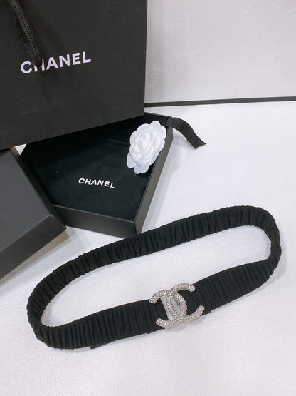CHANEL ELASTIC BELT 30MM IN BLACK WOOL FABRIC SILVER HARDWARE WITH RHINSTONES