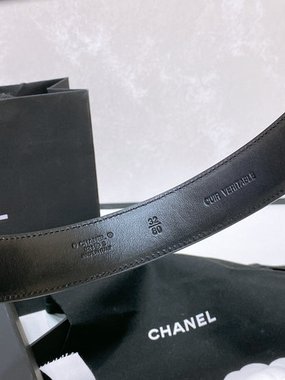 CHANEL 30MM BELT IN BLACK EMBROIDERED CALFSKIN WHITE MIX BLACK METAL LOGO GOLD HARDWARE
