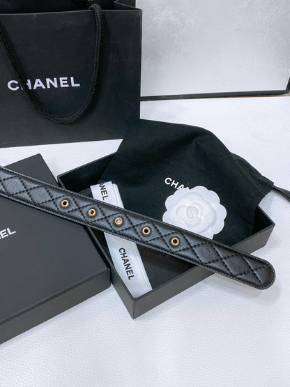 CHANEL BELT 30 MM IN BLACK EMBROIDERED CALFSKIN PEARL LOGO WITH GOLD HARDWARE
