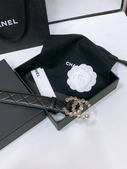 CHANEL BELT 30 MM IN BLACK EMBROIDERED CALFSKIN PEARL LOGO WITH GOLD HARDWARE