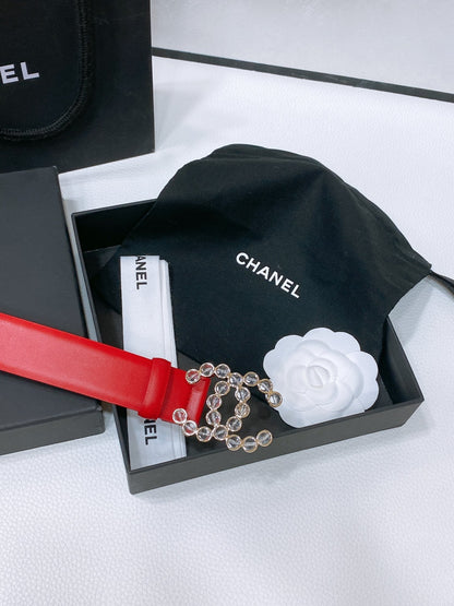 CHANEL BELT 30 MM IN CHERRY RED CALFSKIN PEARL LOGO WITH GOLD HARDWARE