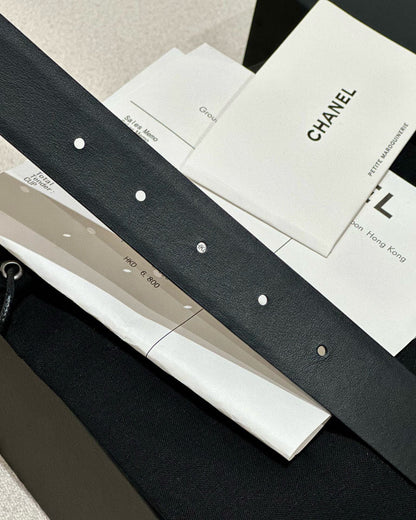 CHANEL DOUBLE C BELT 30MM IN BLACK CALFSKIN WITH GOLD HARDWARE AND CARO STITCHING