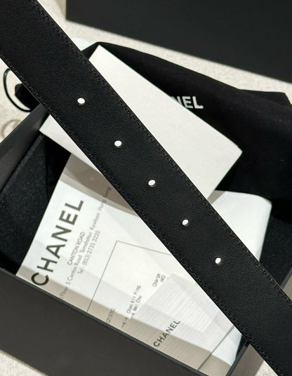 CHANEL DOUBLE C BELT 30MM IN BLACK CALFSKIN EMBOSSED LOGO GOLD BUCKLE