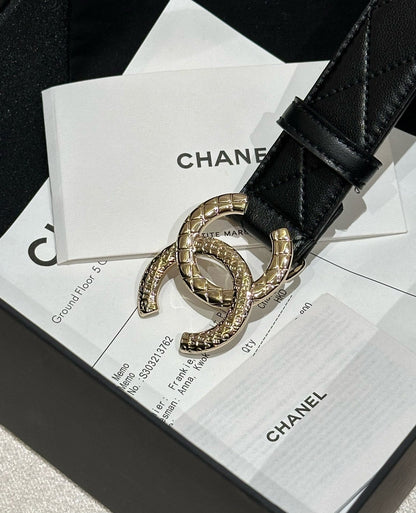 CHANEL DOUBLE C BELT 30MM IN BLACK CALFSKIN EMBOSSED LOGO GOLD BUCKLE