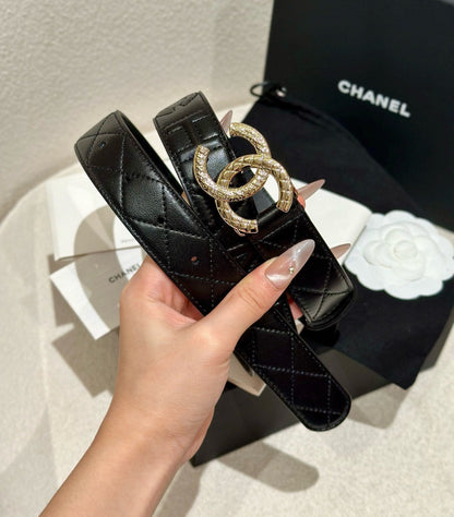 CHANEL DOUBLE C BELT 30MM IN BLACK CALFSKIN EMBOSSED LOGO GOLD BUCKLE