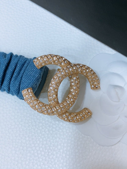 CHANEL DOUBLE C ELASTIC BELT 30MM IN BLUE DENIM GOLD BUCKLE EMBOSSED CRYSTAL