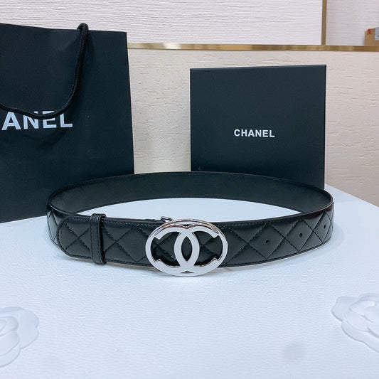 CHANEL DOUBLE C BELT 38MM IN BLACK QUILTED LAMBSKIN WITH SILVER OVAL BUCKLE AND CENTERED LOGO