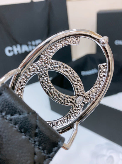 CHANEL DOUBLE C BELT 38MM IN BLACK QUILTED LAMBSKIN WITH SILVER OVAL BUCKLE AND CENTERED LOGO