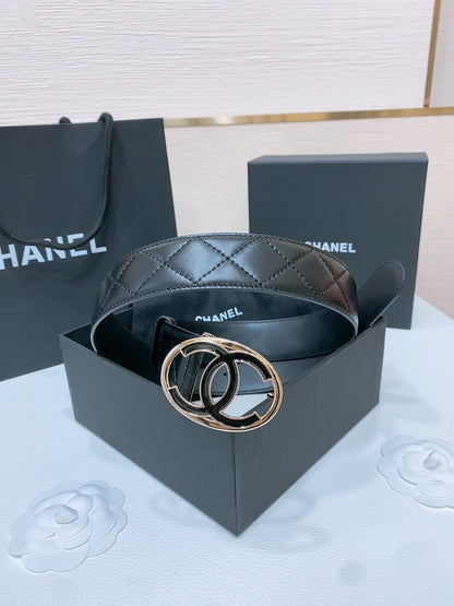 CHANEL DOUBLE C BELT 38MM IN BLACK QUILTED LAMBSKIN GOLD OVAL BUCKLE CENTERED BLACK LOGO