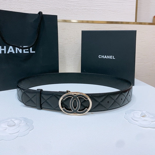 CHANEL DOUBLE C BELT 38MM IN BLACK QUILTED LAMBSKIN GOLD OVAL BUCKLE CENTERED BLACK LOGO