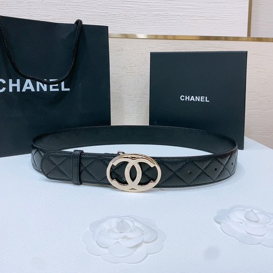 CHANEL DOUBLE C BELT 38MM IN BLACK QUILTED LAMBSKIN WITH GOLD OVAL BUCKLE CENTERED LOGO