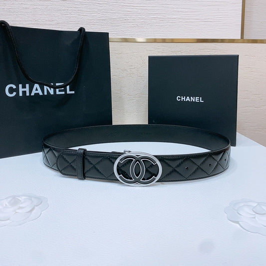 CHANEL DOUBLE C BELT 38MM IN BLACK QUILTED LAMBSKIN SILVER OVAL BUCKLE CENTERED BLACK LOGO
