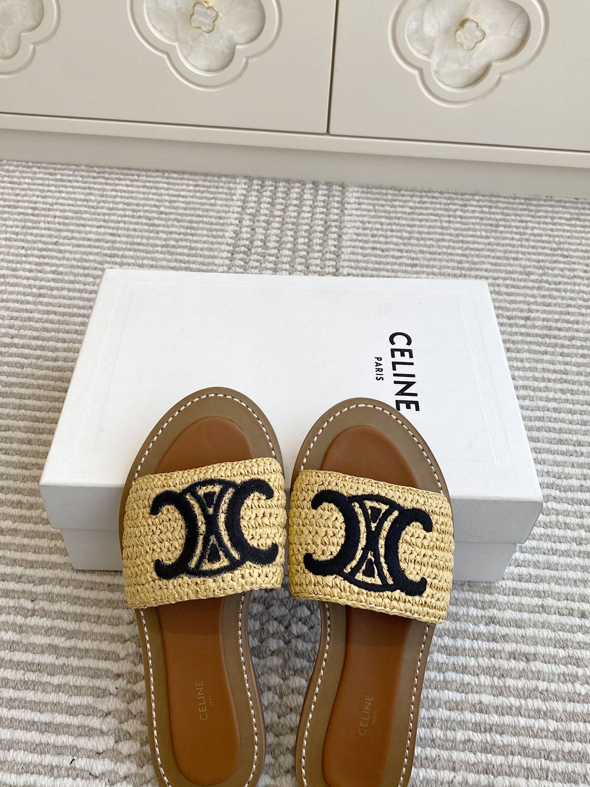 CELINE 25 Slippers Beige Black Sedge 285982