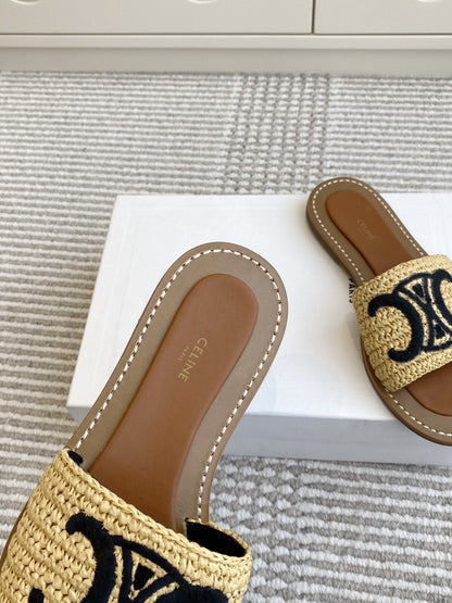 CELINE 25 Slippers Beige Black Sedge 285982