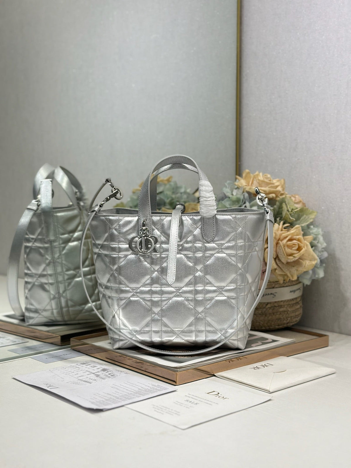 CD Toujours Tote Bag Metallic Sliver-Tone Calfskin 288535