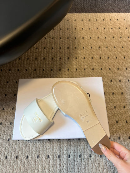 Celine 26  Flat Mule Slippers White Sheepskin 621530