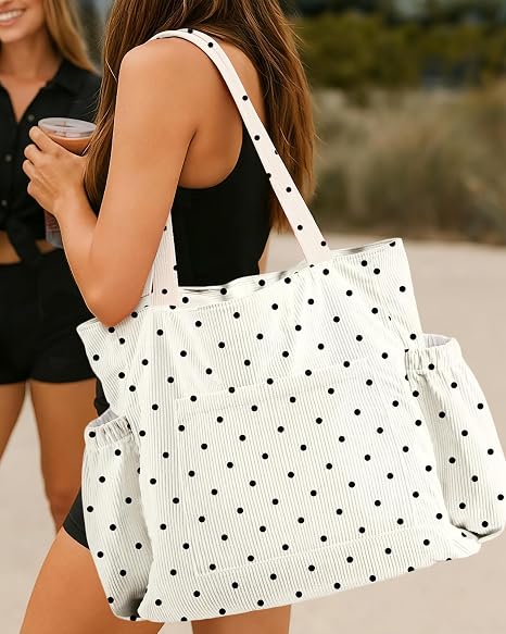 Miss Adola Cute Corduroy Tote Bag for Women Multi-Pocket with Zipper