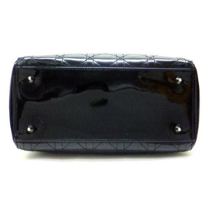 Dior Cannage Handbag Enamel Black Silver Hardware:
