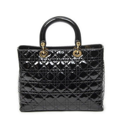 Dior Large Lady Dior Zip Black Cannage Patent Leather Handbag