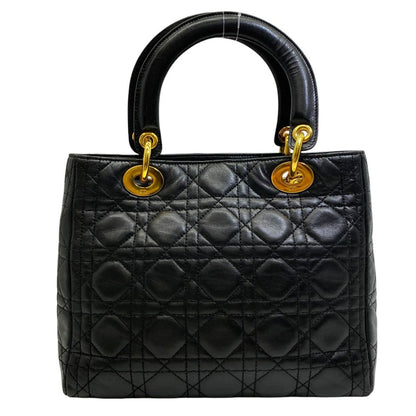 Dior Lady Cannage Handbag Gold Lambskin Leather Black Feminine