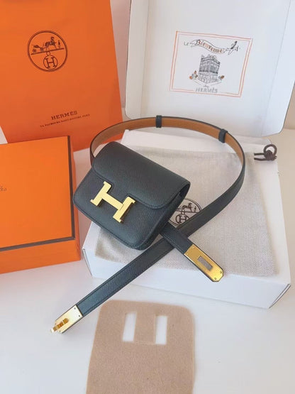HERMES KELLY CONSTANCE SLIM WALLET BELT IN BLACK CALFSKIN GOLD HARDWARE