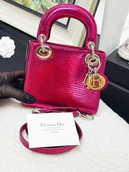 Lady Dior mini lizard skin electric rose pink