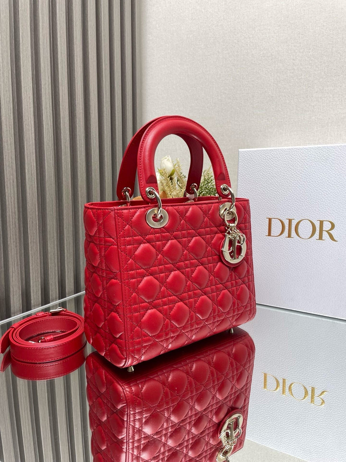 medium lady 24 red calfskin gold hardware