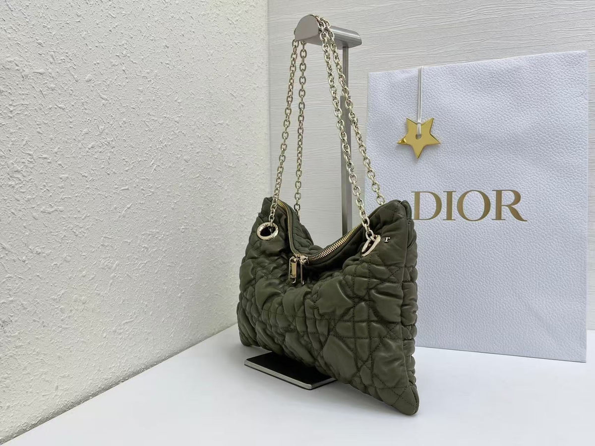 CD Small Cannage Quilted Tote Bag Olive Green Cowhide 158911