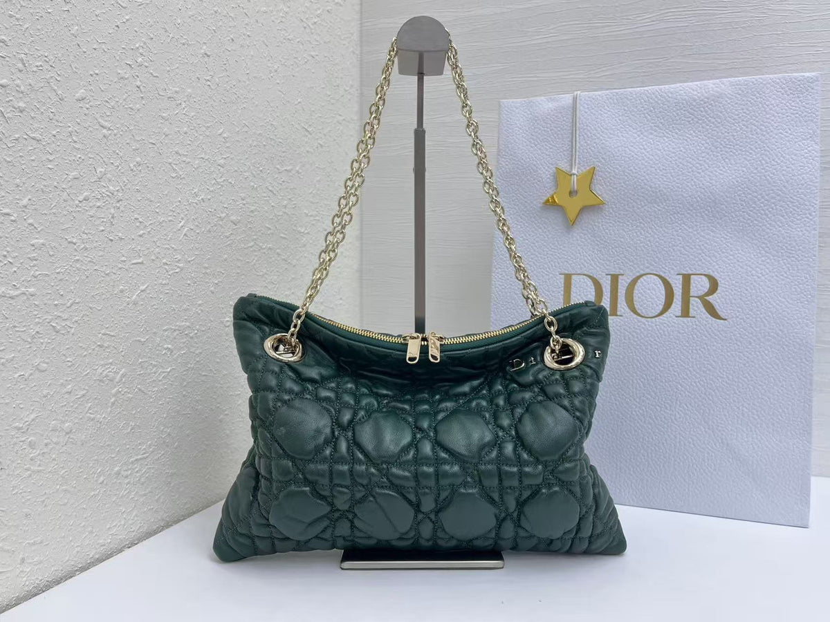 CD Small Cannage Quilted Tote Bag Deep Teal Cowhide 158910