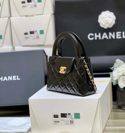 Chanel Kelly Mini Shopping Bag Mini 23K Shiny Aged Calfskin Black 13x19x7cm